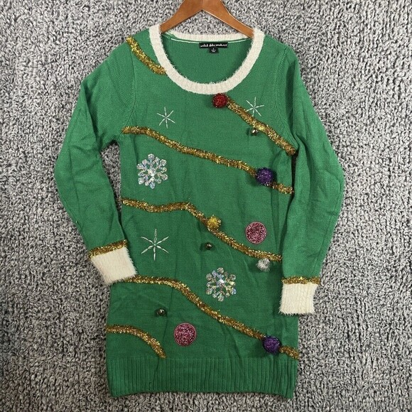 UNITED States Sweaters Ugly Christmas Sweater Tunic Dress Green Tinsel Women's S - Picture 1 of 9